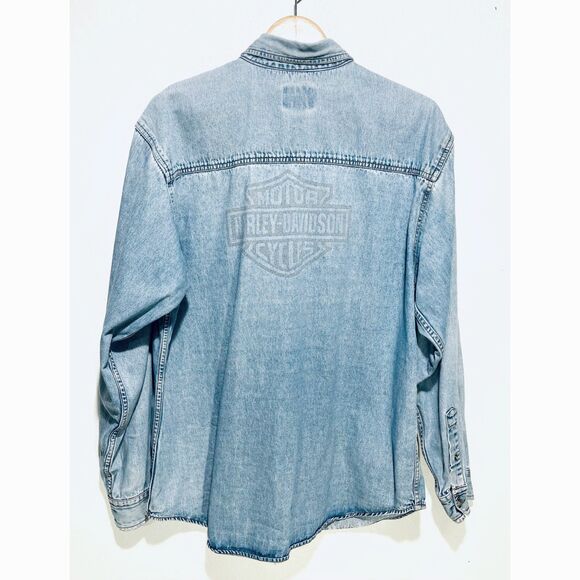 USA Biker Design motor Harley Davidson button up long sleeve  denim shirt men XL - Picture 2 of 6